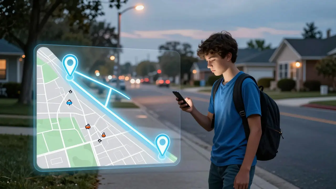 Dítě jde domů, jeho poloha je vidět jako světelná čára na mapě přes jeho telefon.