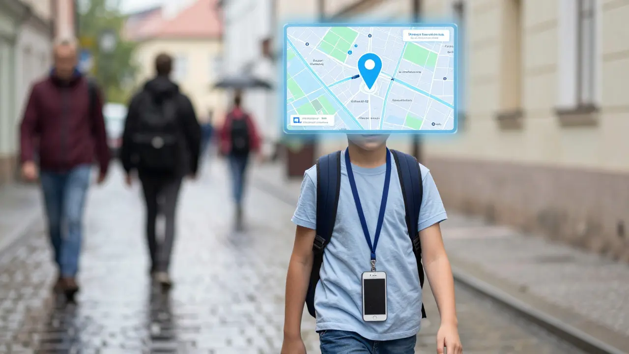 Dítě jde domů s iPhone SE na řetízku, zatímco nad ním visí digitální mapa polohy.