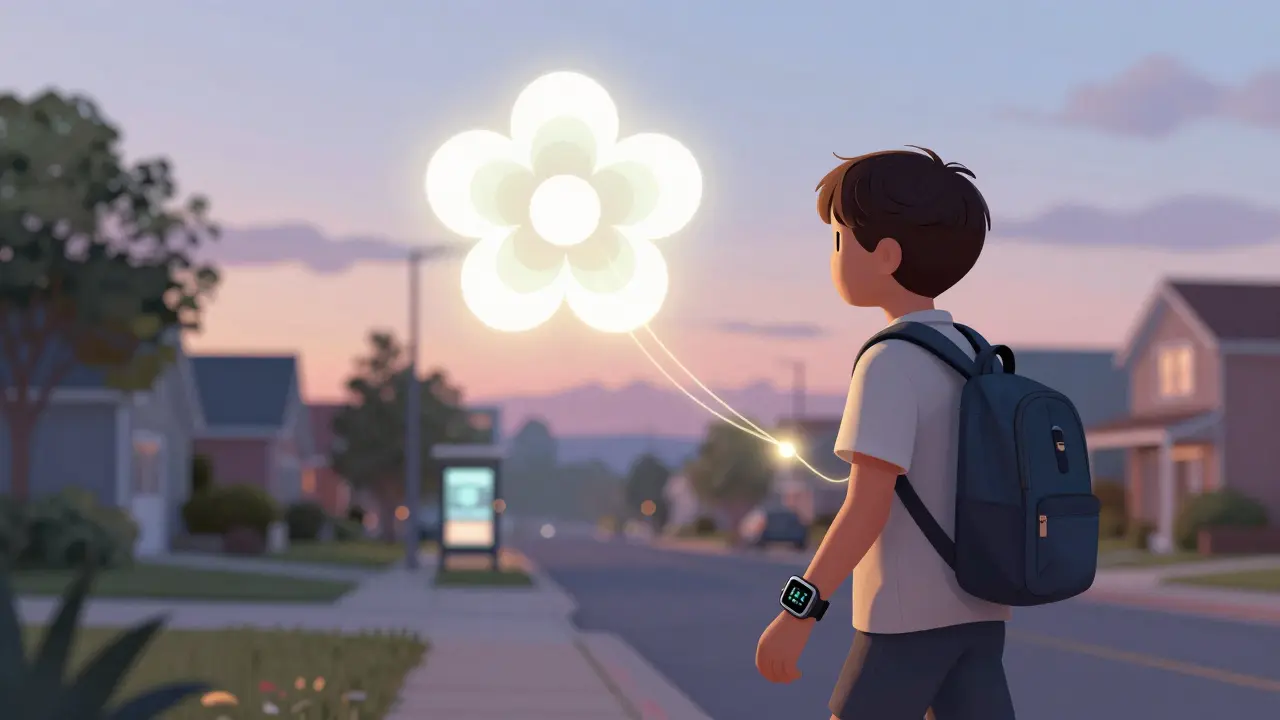 Dítě s GPS hodinkami a zářící květinová ikona nad mapou.