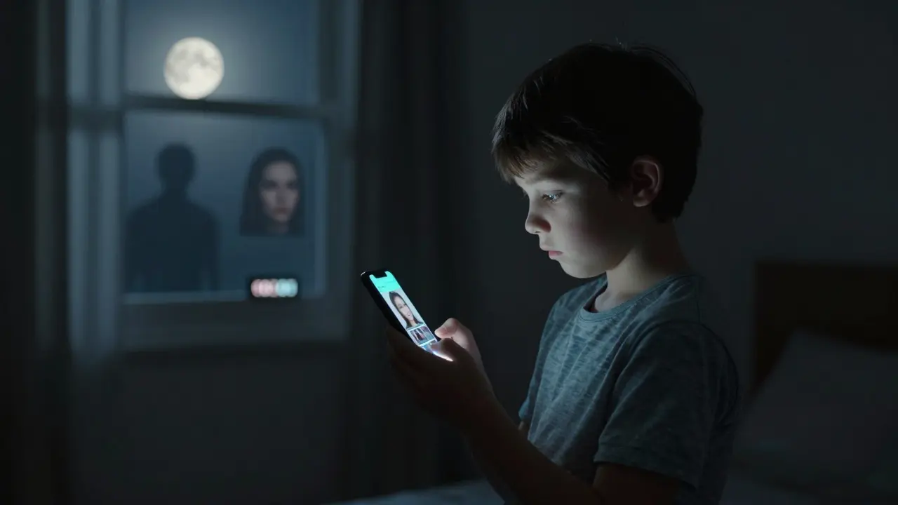 Dítě stojí v temné místnosti a dívá se na obrazovku s nevhodným obsahem na TikToku.