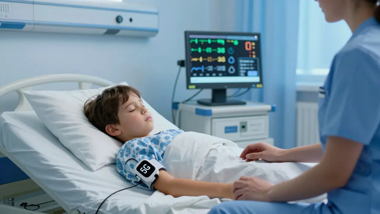 Dítě ve špičkové nemocnici v Brně spí s 5G senzorem, rodič sedí u postele.