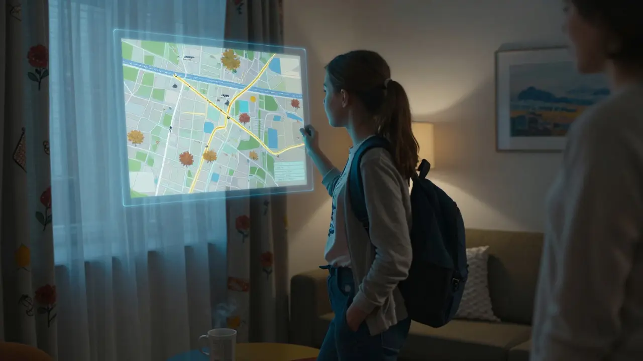 Dívka jde domů, zatímco matka vidí její polohu na mapě doma.