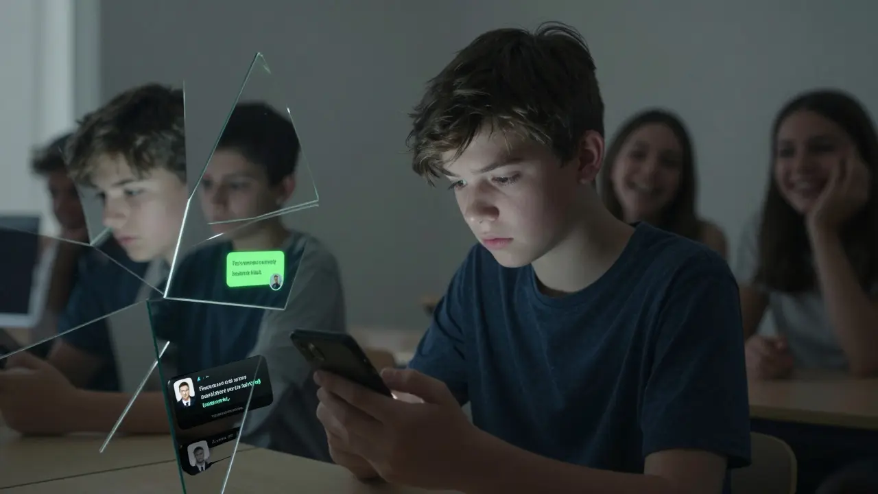 Dívka se dívá na telefon se šikanskými komentáři, kolem ní se odrážejí zlomené zrcadla.