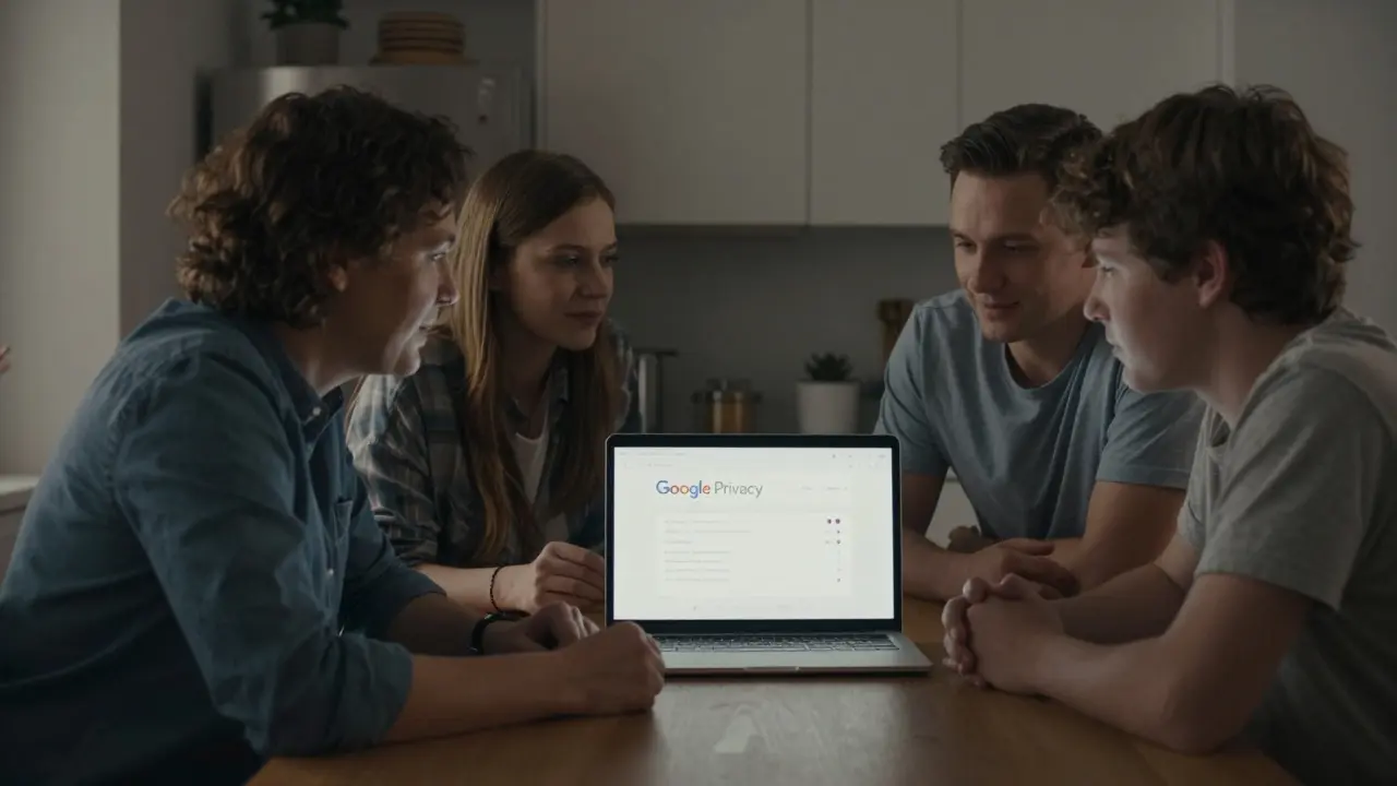 Family discussing privacy settings on laptop together, no devices in hands, calm and connected.