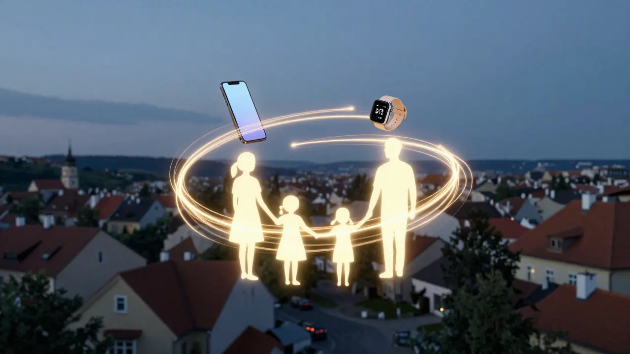 Glowing light connections between GPS devices and smartphones symbolize family safety and trust in a quiet Czech neighborhood.