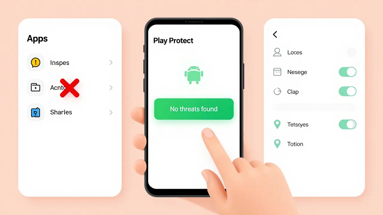 Krok za krokem: odinstalování aplikací, skenování Play Protect a správa oprávnění.