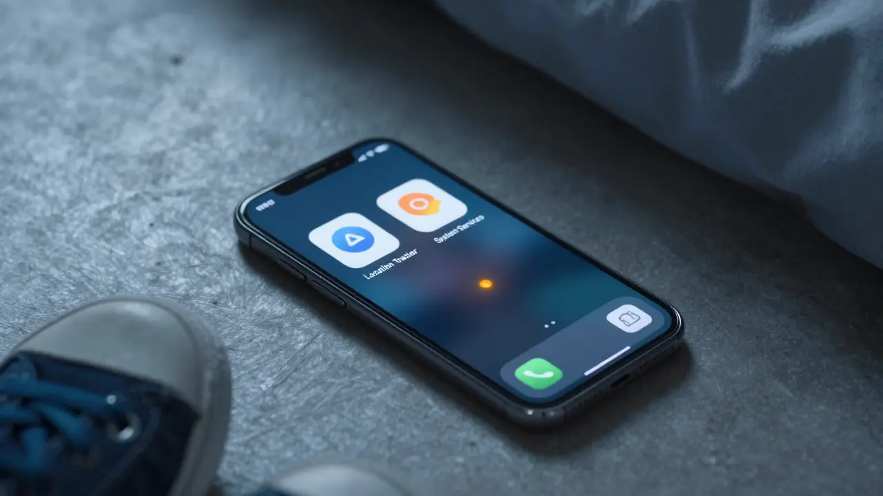 Na podlaze leží telefon s ukrytými sledovacími aplikacemi, v popředí jsou dětské boty.