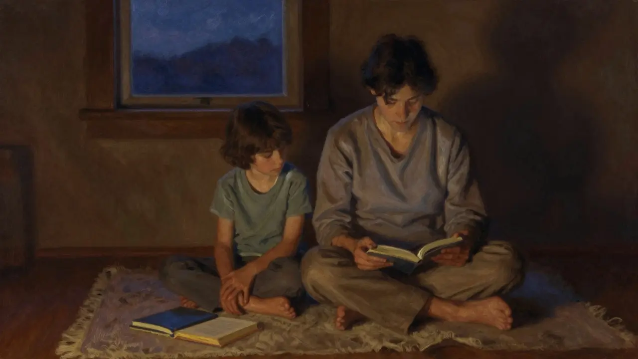 Rodič a dítě sedí vedle sebe v tichu, nekoukají na obrazovky, jen spolu jsou.