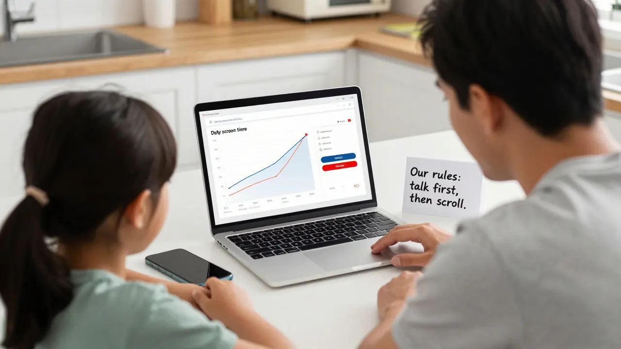 Rodič a dítě společně procházejí využití aplikací na laptopu s nápovědnou poznámkou.