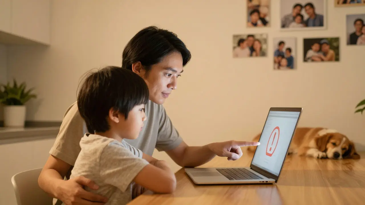 Rodič a dítě společně sledují obrazovku, večeře v pozadí, teplé osvětlení.