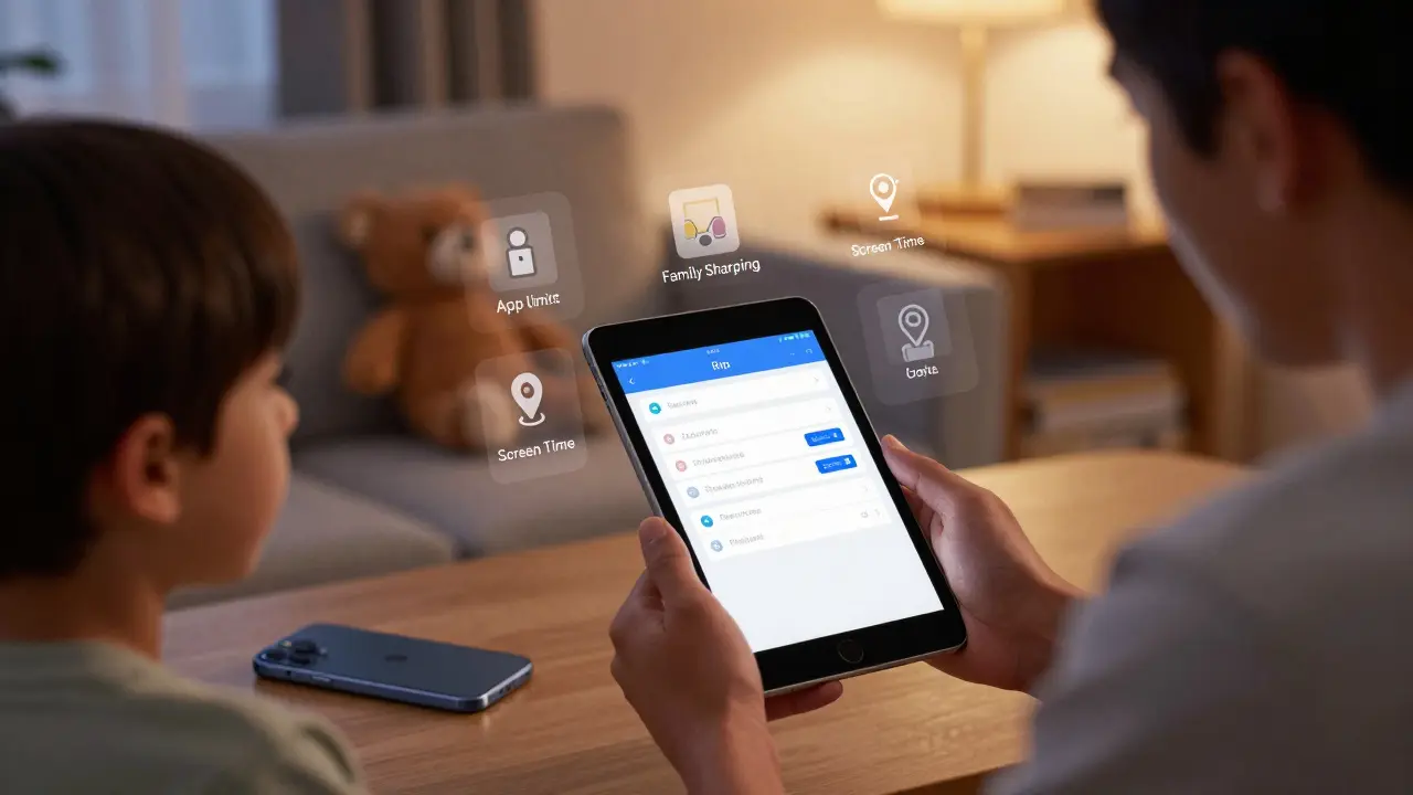 Rodič nastavuje Screen Time a Family Sharing na iPadu při zářivém světle večera.