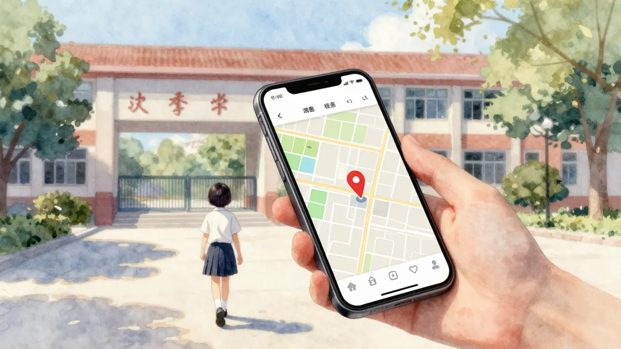 Rodič sleduje polohu dítěte na mapě, dítě jde do školy.