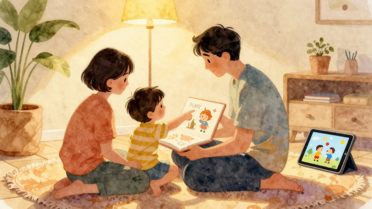 Rodina společně čte knihu, dítě sleduje bezpečný obsah na tabletu bez YouTube.