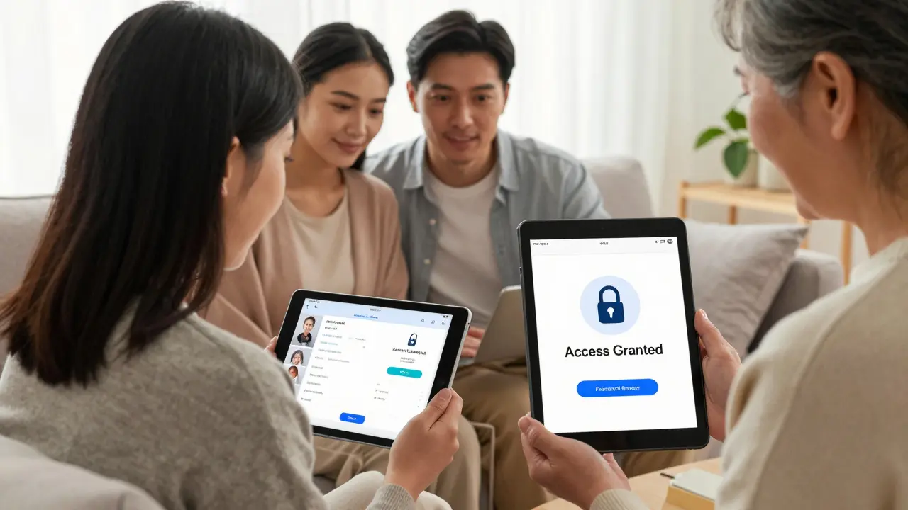 Rodina společně sleduje polohu dítěte na tabletech, přičemž babička má přístup skrze bezpečný správce hesel.