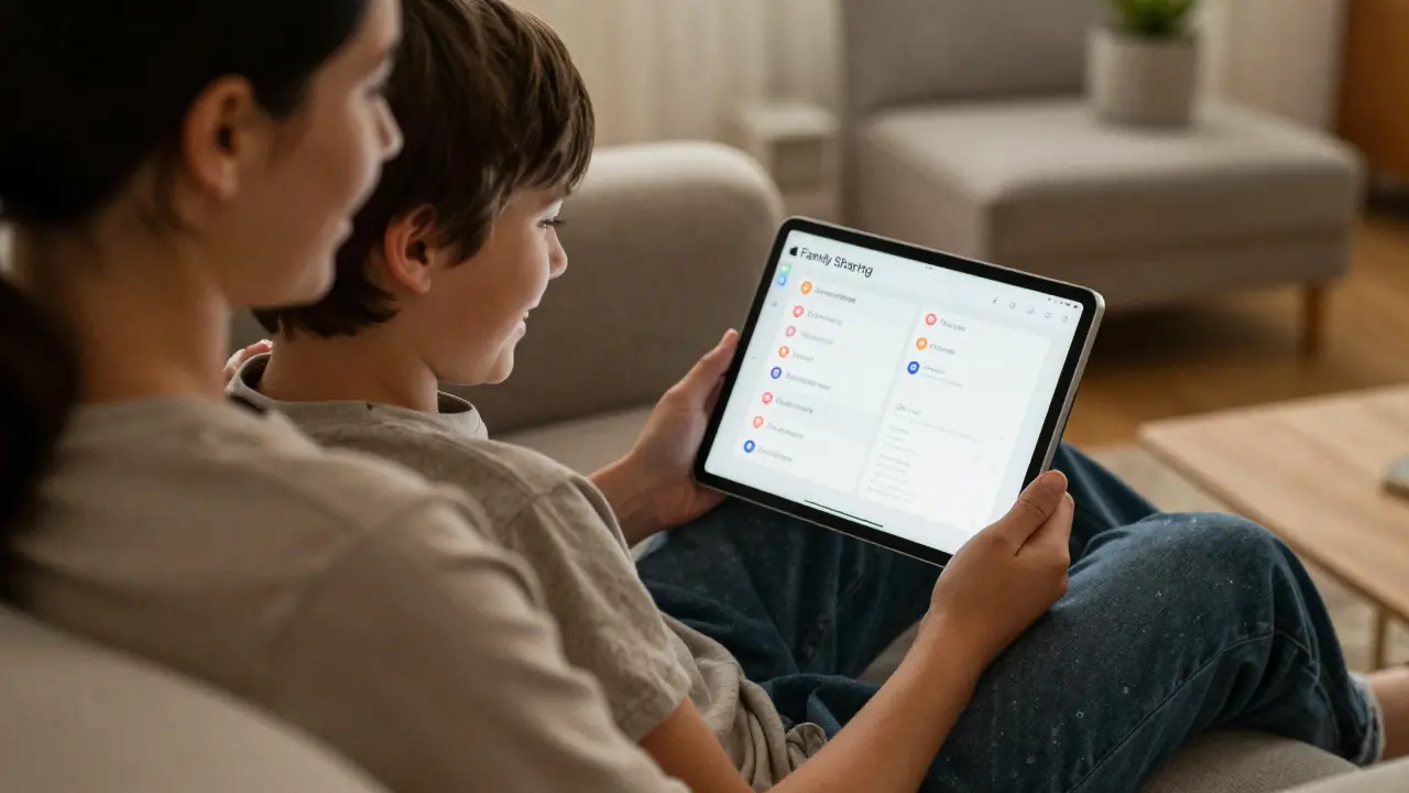 Rodina společně sleduje polohu na iPadu pomocí Apple Family Sharing.