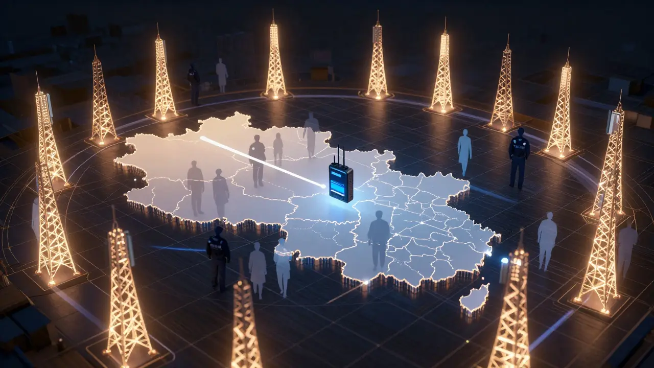 Síť mobilních vysílačů v Česku s trasou jednoho telefonu z Brna do Ostravy.