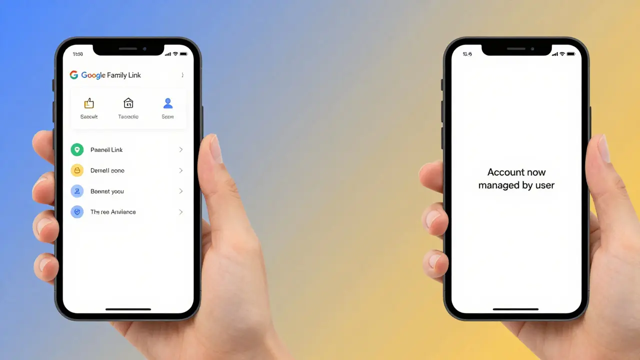 Split-screen of Family Link controls disappearing, replaced by 'account now managed by user' message.