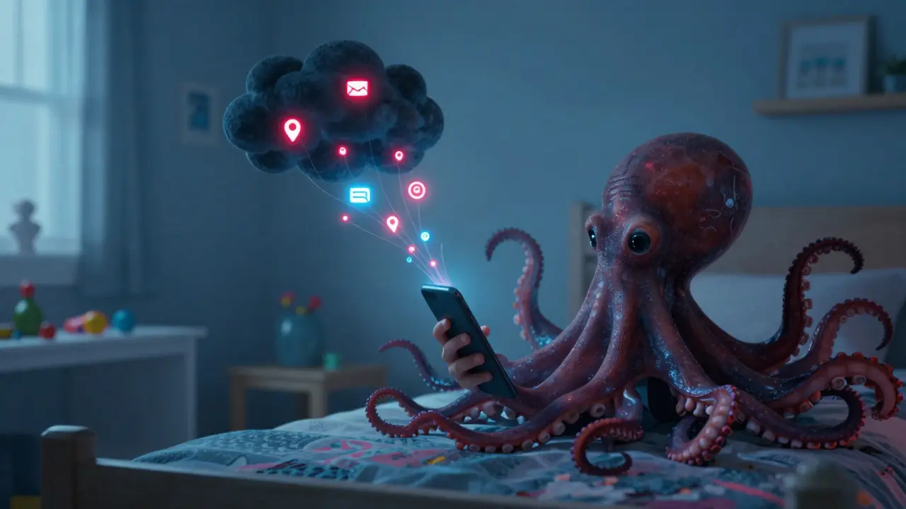 Stínový virus jako章鱼 s tentakly obepínající tablet, vytahující osobní data do temného oblaku.