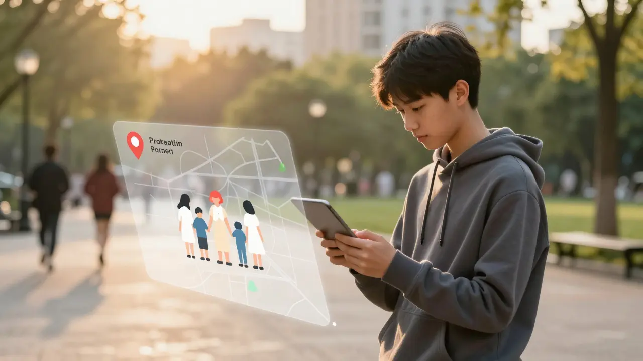 Teenager v parku s jemně zobrazenou mapou rodinného sdílení polohy kolem sebe.