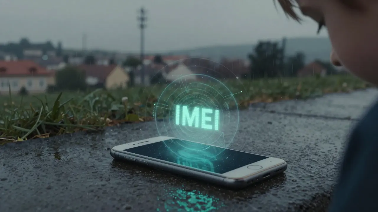 Tmavý telefon na mokré ulici s viditelným digitálním kódem IMEI, který se táhne k vysílačům.