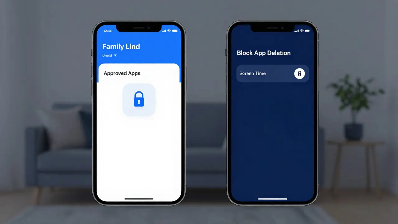 Android a iPhone vedle sebe, oba ukazují systémová nastavení pro blokování odinstalace aplikací.