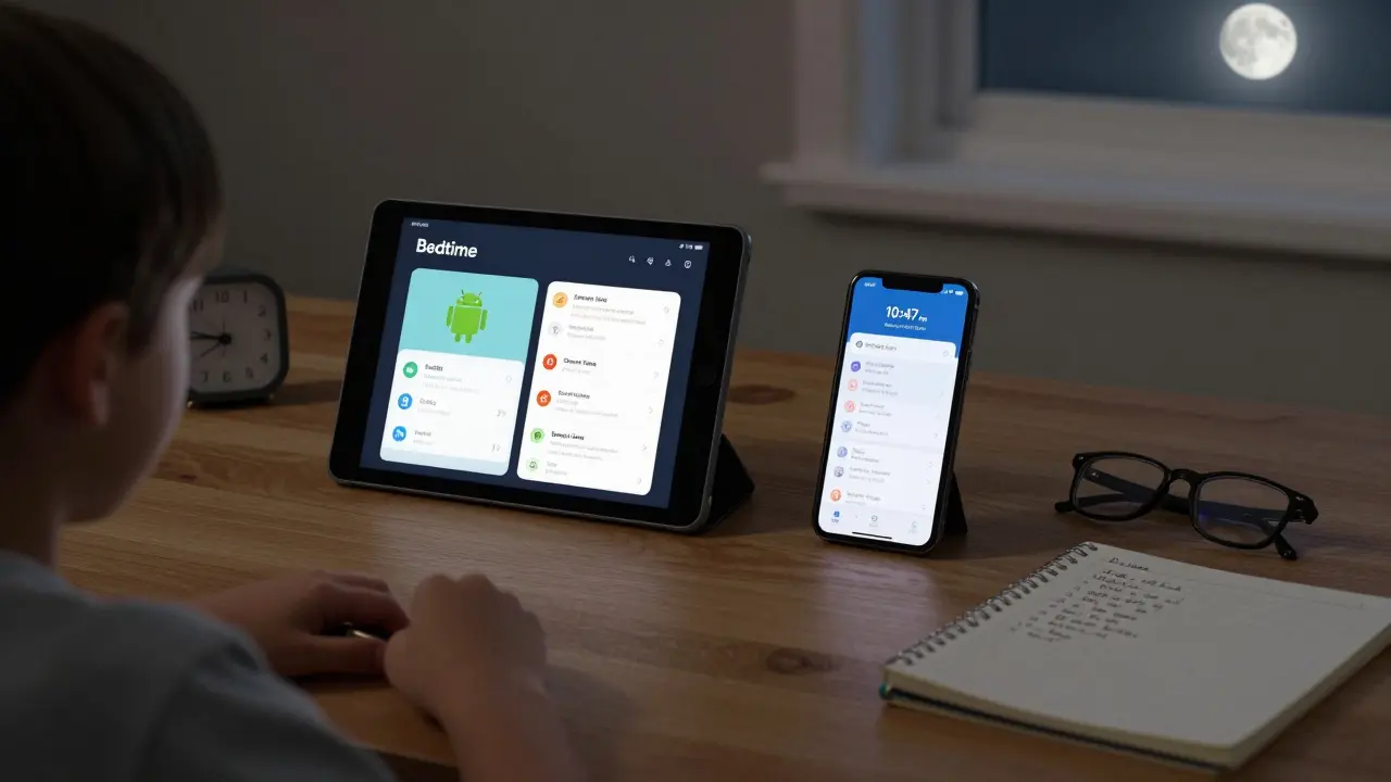 Android tablet a iPhone na stole s omezeními Screen Time a Family Link v noci.