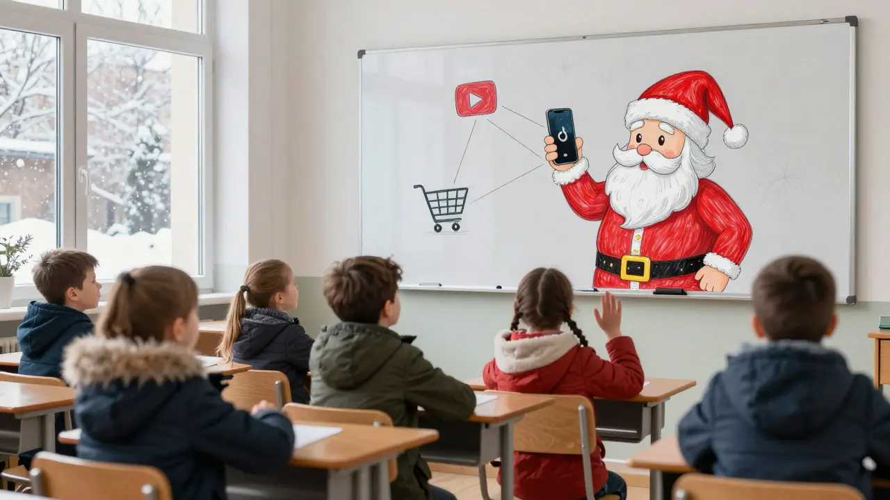 Děti ve třídě v Brně pozorují na tabuli obrázek Ježíška se smartphone, zatímco venku sněží.