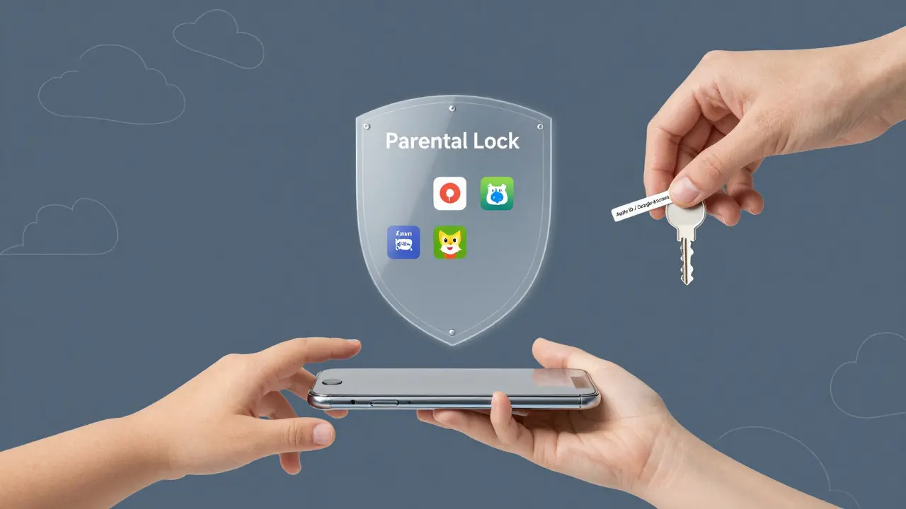Dítě dosahuje po telefonu s transparentním rodičovským zámkem, který má otevřené mezery pro vzdělávací aplikace.