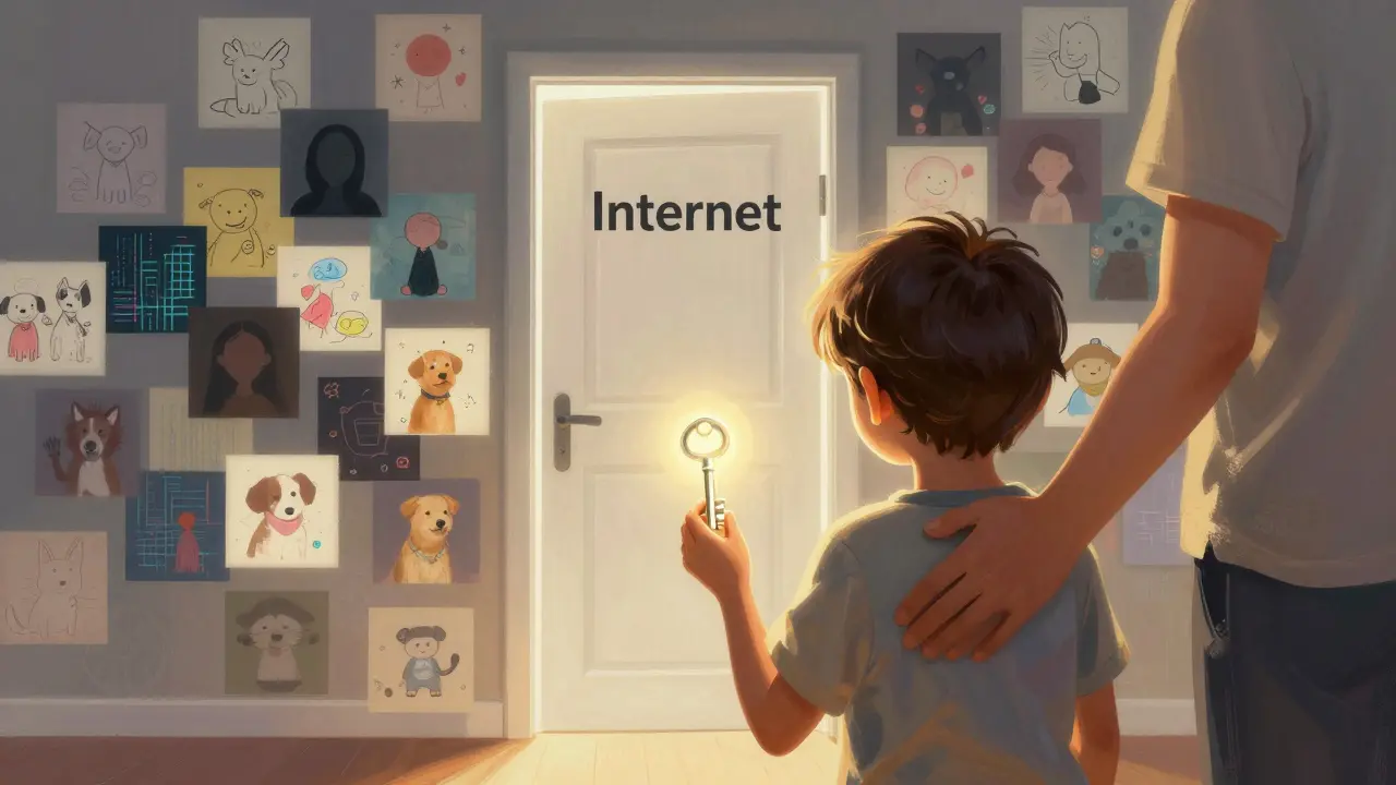Dítě drží klíč před dveřmi s nápisem 'Internet', za ním rodič s rukou na rameni.