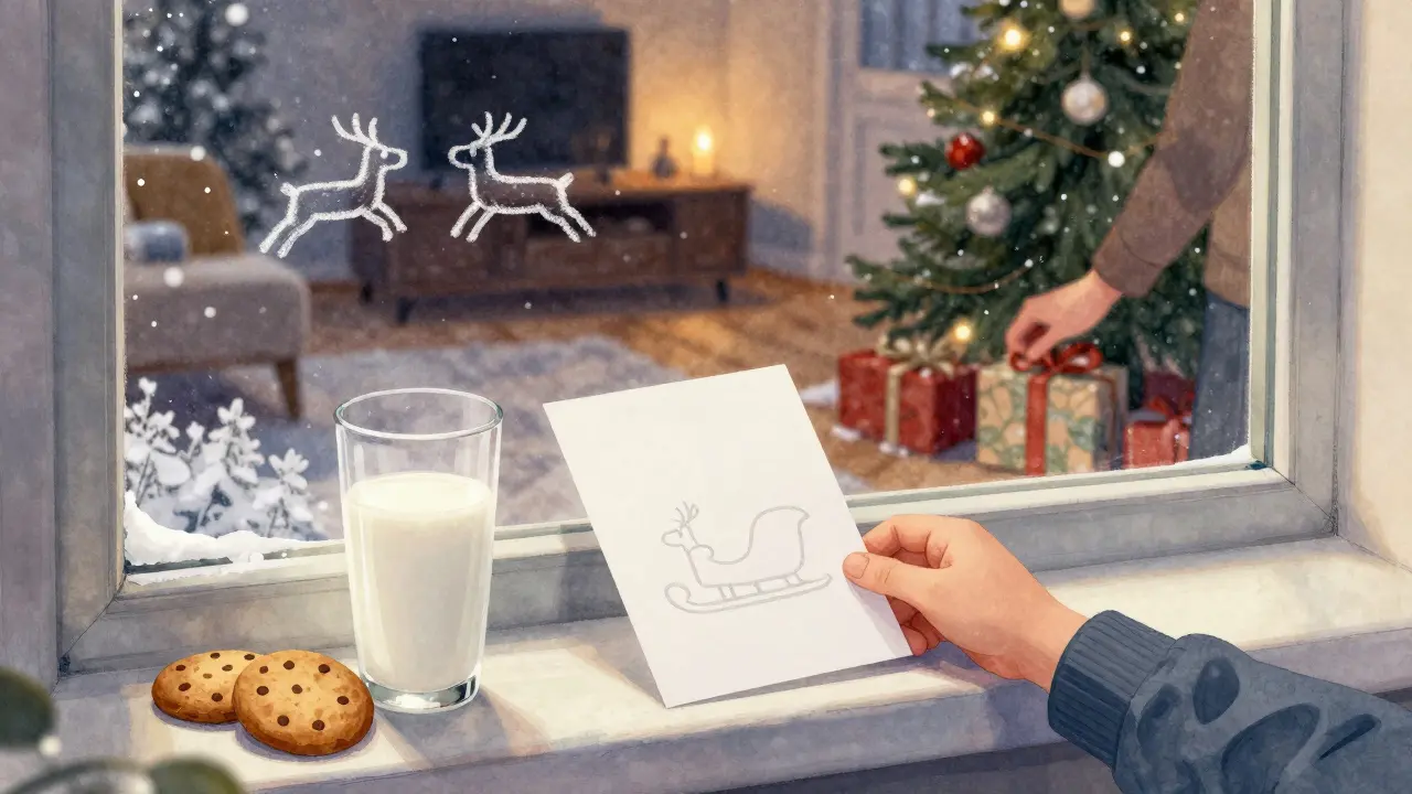 Dítě klade rukou karty na okno, kde je kresba saní, venku padá sníh a uvnitř svítí svíčky.