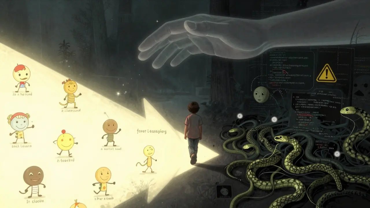 Dítě kráčí cestou, která se dělí na bezpečnou světlou stranu a nebezpečnou temnou stranu s kódovými hady a varovnými symboly.
