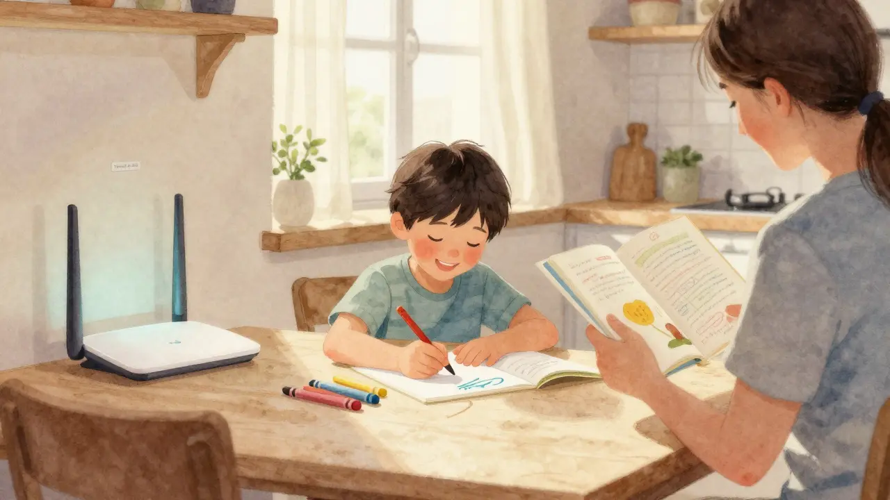 Dítě kreslí na stole, zatímco rodič čte knihu, Wi-Fi je vypnuté.