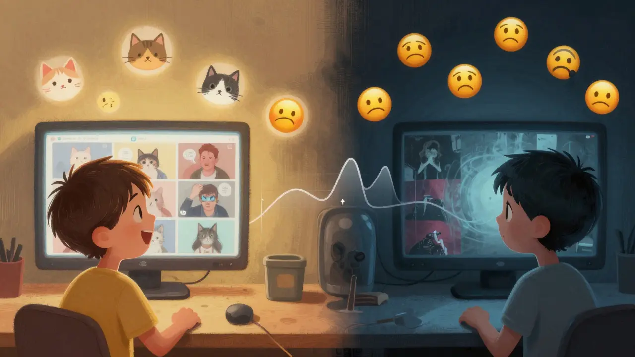 Dítě na jedné straně směje z kocourů, na druhé se dívá na temný obsah – algoritmus mění jeho svět.