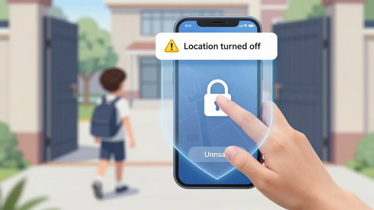 Dítě se snaží odinstalovat aplikaci, ale zámek a štít brání odstranění, zatímco je sledována jeho poloha.