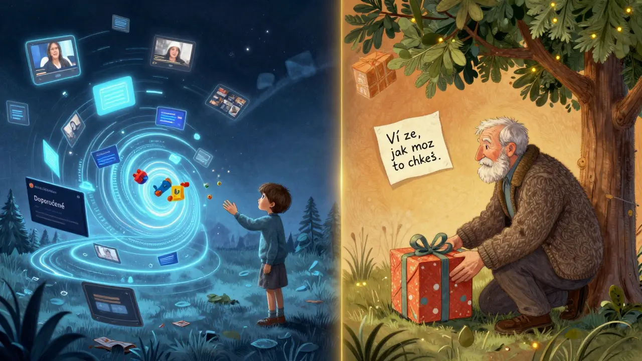 Dítě stojí mezi digitálním světem reklam a ručně vytvořeným dárkem, zamyšleně se dívá doprava a doleva.