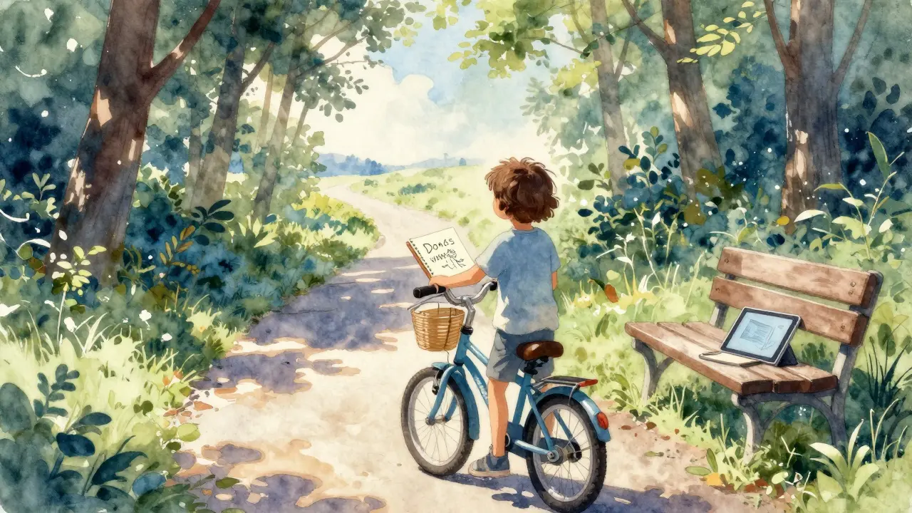 Dítě stojí na cestě v lese s kolo, tablet zůstal zapomenutý na lavičce.