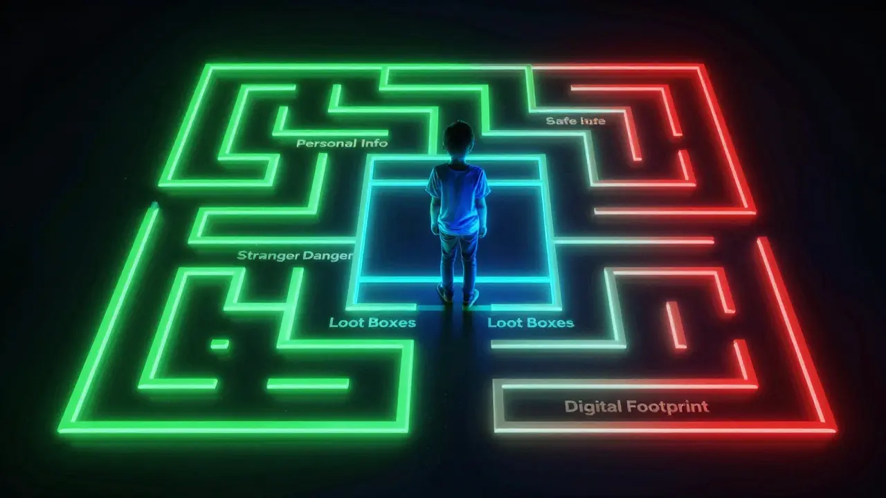 Dítě stojí ve středu digitálního bludiště s cestami k bezpečí a rizikům.
