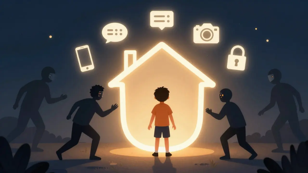 Dítě v ochranném štítu tvaru domu, zatímco digitální postavy se snaží dostat k němu.