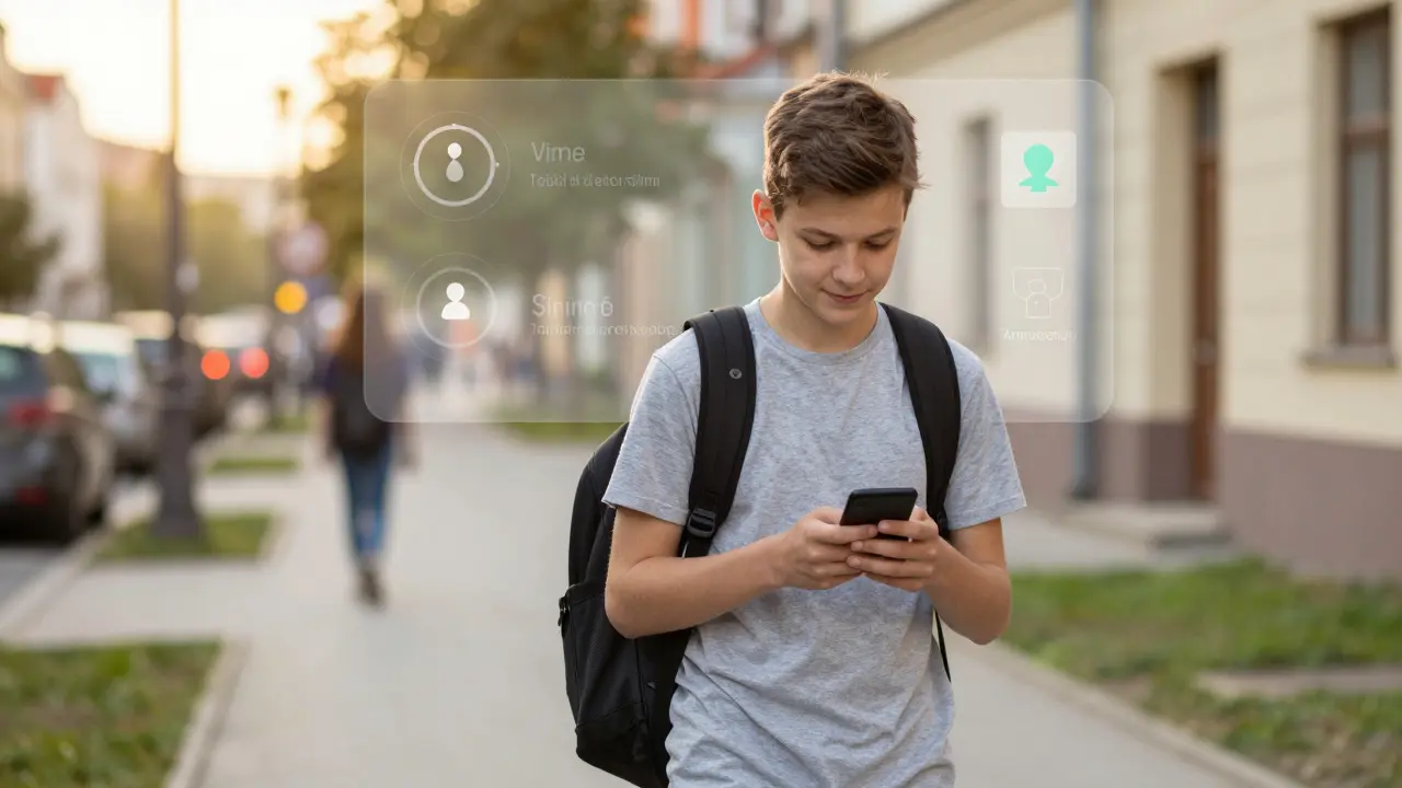 Dítě ve věku 13 let používá smartphone s jemnými náznaky rodičovské kontroly při cestě domů.