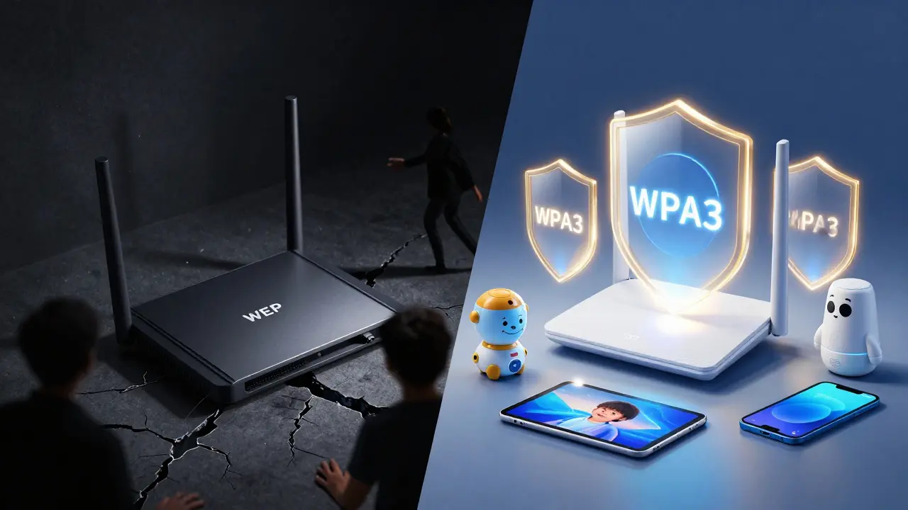 Dvě části obrázku: zastaralý WEP router v nebezpečí vs. moderní WPA3 router s ochrannými štíty pro dětská zařízení.