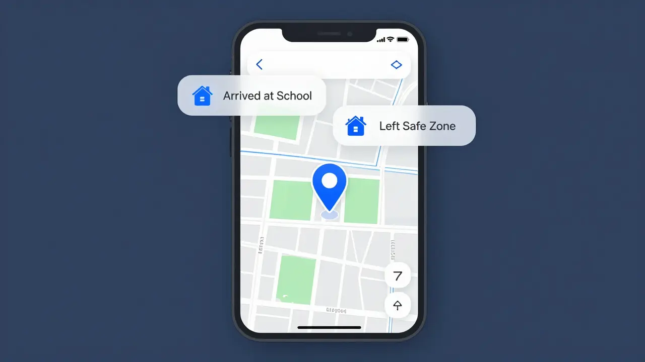 Mapa na telefonu ukazuje polohy domova, školy a bezpečné zóny s upozorněními.