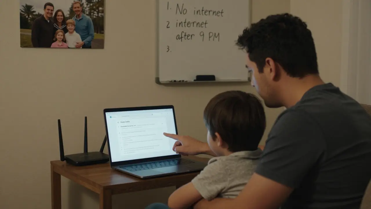 Parent and child reviewing parental control settings on a laptop together in a cozy living room.