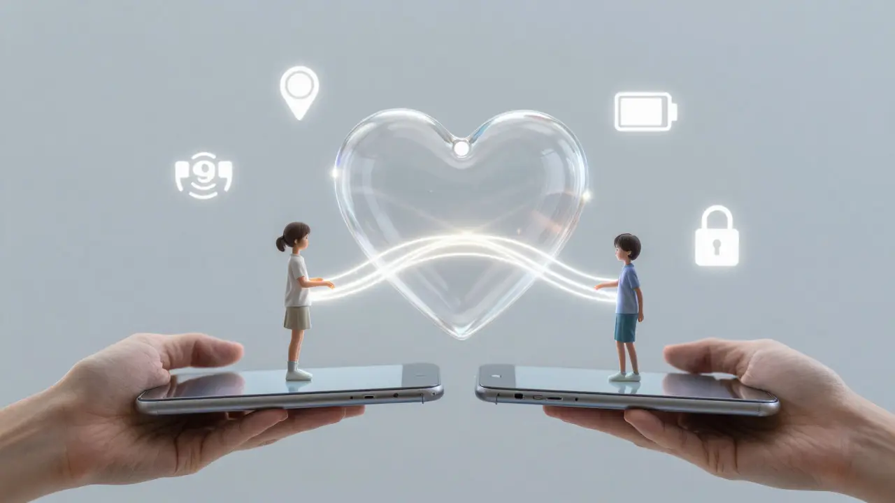 Průhledné srdce spojuje dva telefony symbolizující důvěru a bezpečnost.