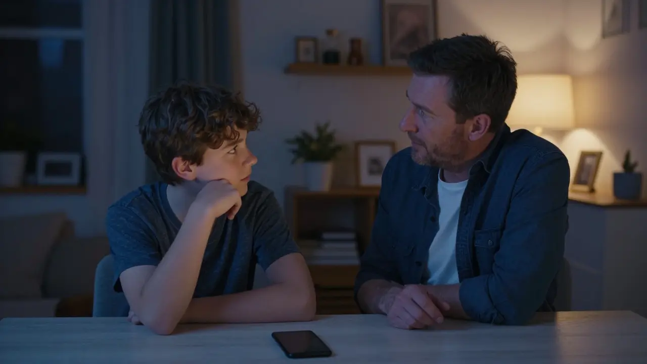 Rodič a dítě diskutují o bezpečnosti internetu