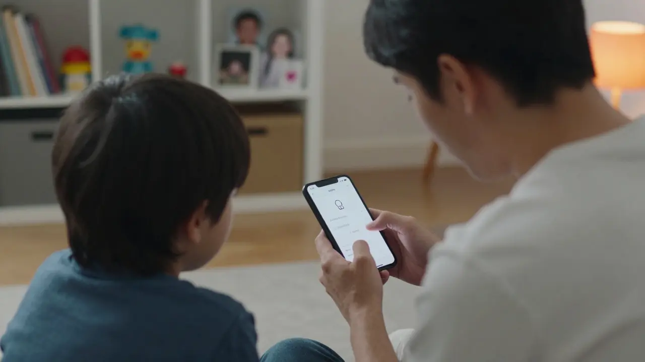 Rodič a dítě společně prohlížejí nastavení soukromí na smartphone, zatímco za nimi je domácí prostředí.