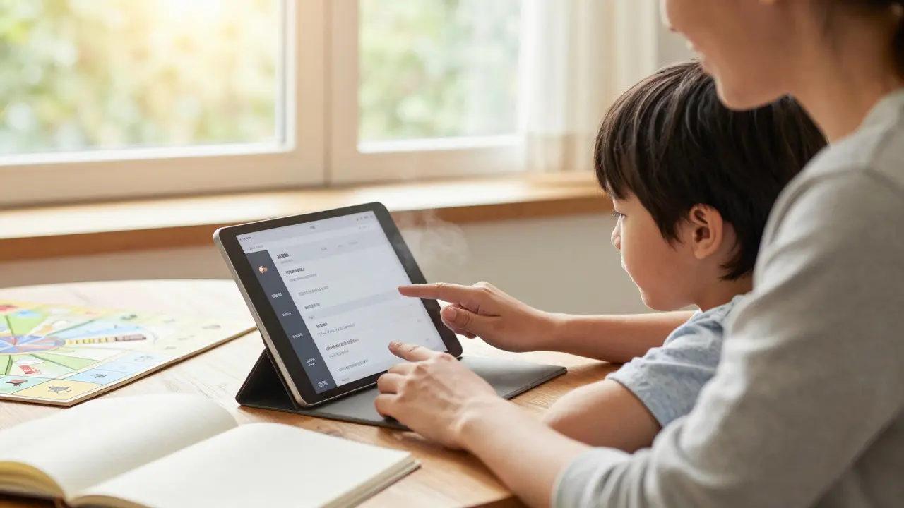 Rodič a dítě spolu vypínají doporučení na tabletu, vedle nich hra na desce a kreslení.