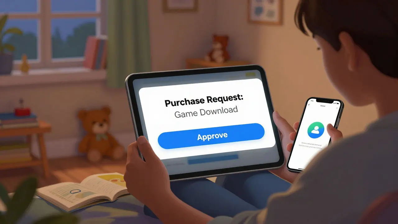 Rodič schvaluje nákup hry pro dítě na iPhone, zatímco dítě drží iPad.