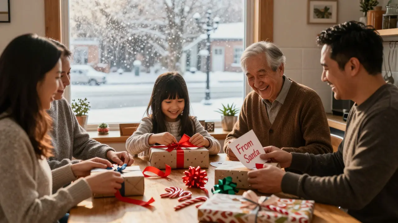 Rodina společně balí dárky na kuchyňském stole, všechny tváře se usmívají, venku padá sníh.