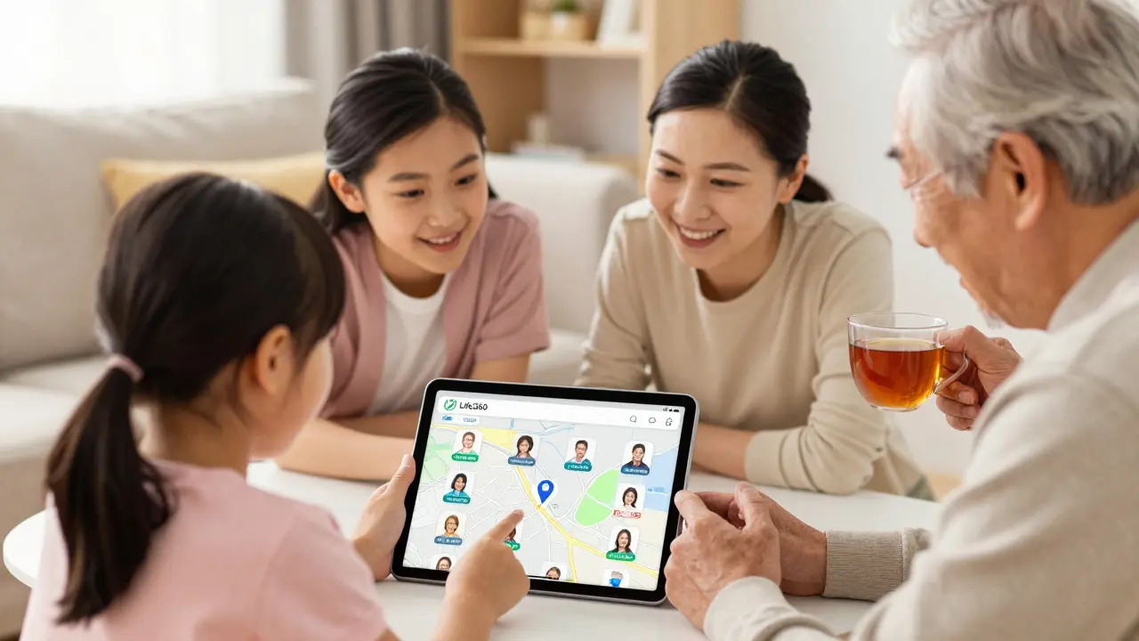 Rodina společně sleduje mapu na tabletu, všichni se smějí a komunikují.