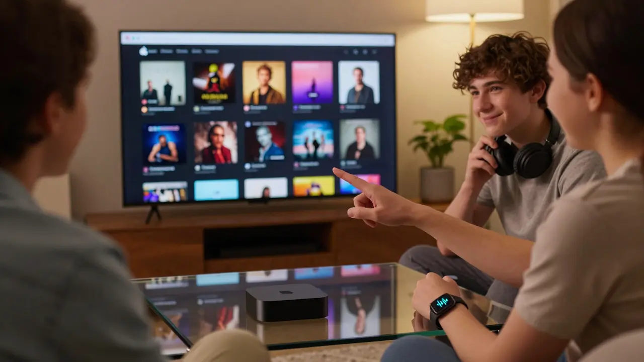 Rodina společně využívá Apple Music na televizi, s Apple Watchem na stole.